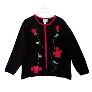 NWT 2X Vintage Stitches In Time Black Cardigan with Red Floral Embroidery‎